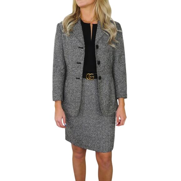 1990s Stephanie Andrews Vintage Black Herringbone Skirt Suit Small Formal - Picture 1 of 9